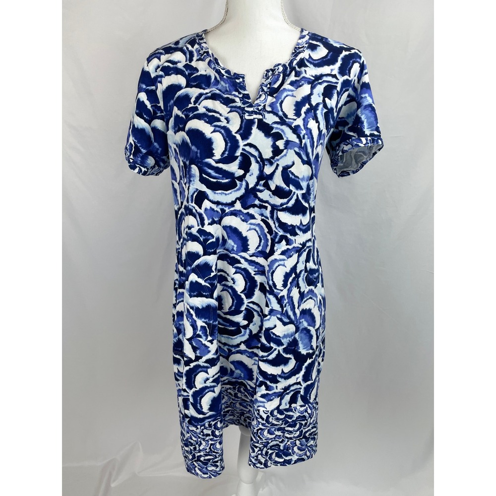 Tommy Bahama St. Lucia Split Neck Dress Women Large Blue White Short Sleeve